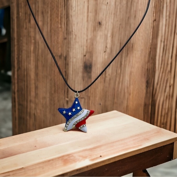 USA Rhinestone Embellished Patriotic Red White & Blue Star Pendant Necklace - Picture 2 of 8